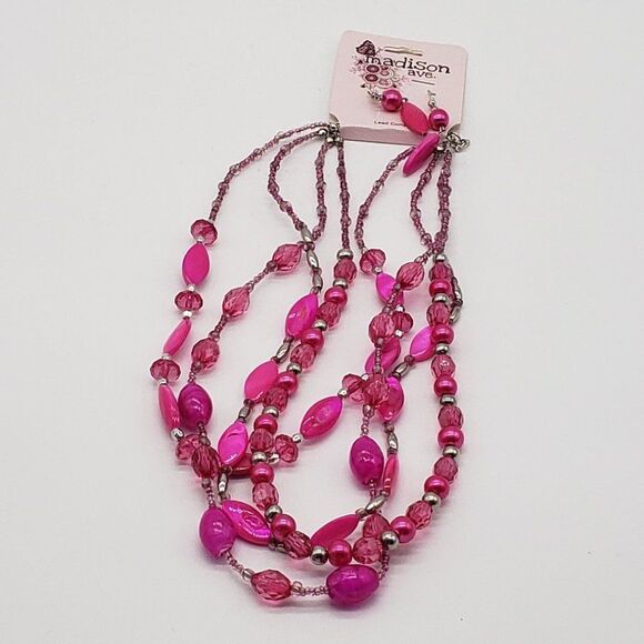 Madison Avenue 4 Strand Fuchsia Pink Glass Faux Beaded Necklace & Earring Set - Picture 3 of 9